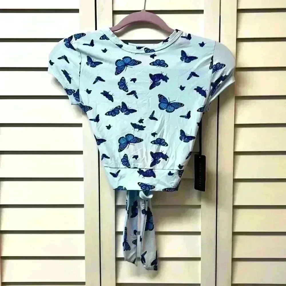 Faded Rose Butterly Open Tie Back Top Size Small Blue NWT